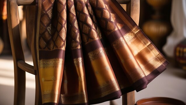 A rich brown silk saree with gold zari border and woven patterns draped on a wooden chair, showcasing the intricate details and luxurious feel of the fabric.