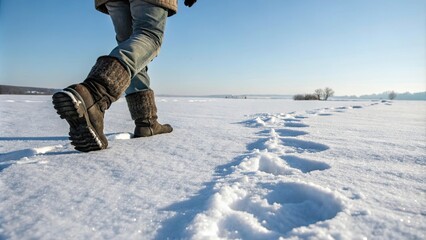 Close up of boots walking on fresh snow , winter, cold, weather, outdoor, adventure, hiking, footsteps, snowy, icy