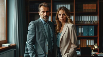 Fototapeta premium In formal business suits, a couple engages in a tense confrontation while filing for divorce and dividing their assets.