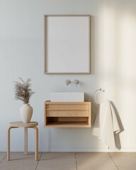 mockup poster frame in simple modern bathroom with sink and mounted cabinet. 3d illustration