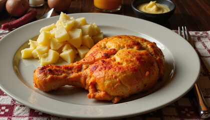 Fototapeta premium Baked chicken leg with buttered potatoes on rustic table