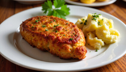 Golden-brown chicken cutlet with mashed potatoes and parsley