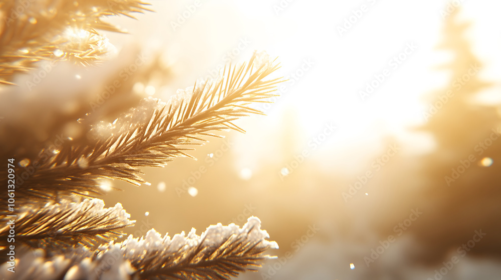 Poster a serene winter scene featuring snow-dusted pine branches bathed in warm sunlight, creating a magica