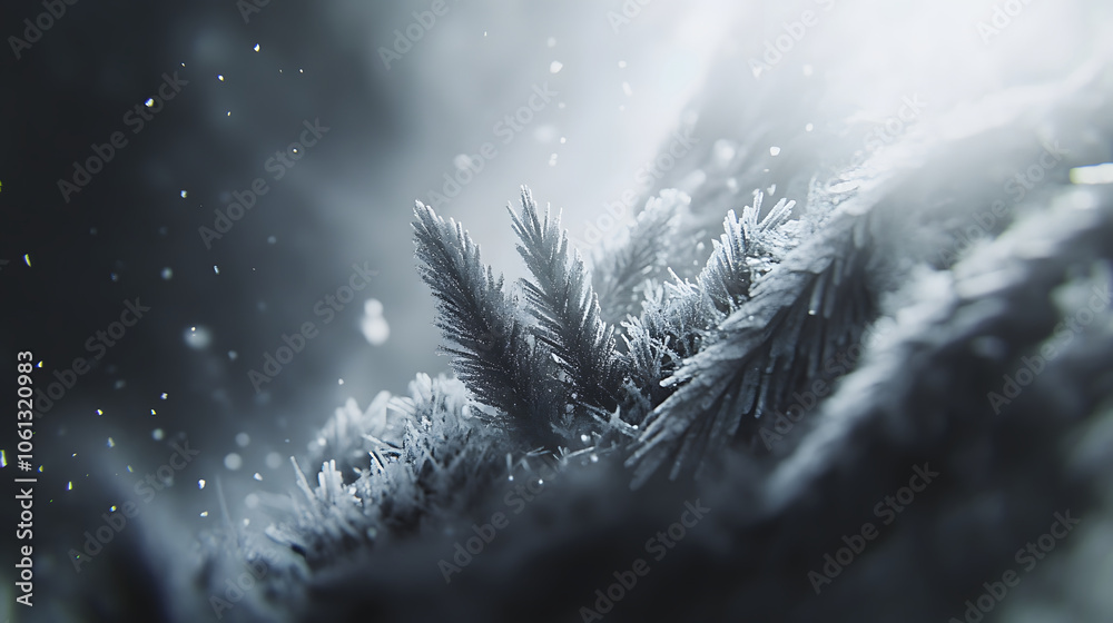 Poster A close-up view of frosty pine branches illuminated by soft light, creating a serene winter landscape filled with delicate snowflakes.
