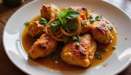 Naklejka premium Stuffed chicken rolls in tomato gravy garnished with fresh herbs
