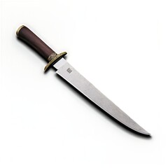 A sharp, silver, and slightly curved knife with a wooden handle and brass accents lies on a white surface, casting a shadow.