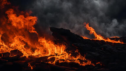A large fire is burning on a rocky hillside