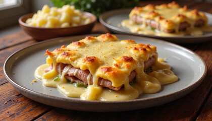 Fototapeta premium Grilled ham and cheese sandwich bake with melted cheese sauce