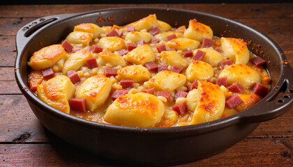 Potato casserole with ham, melted cheese, and baked onions in a dish