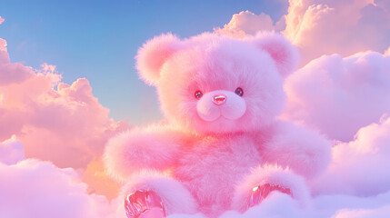 Fototapeta premium 3D cute teddy bear fluffy pink rainbow clouds shape sunset colorful dreamy sky cloudscape adorable pet animal fashion healing wallpaper background with copy space
