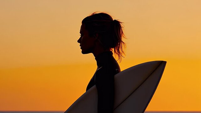 Silhouette of a female surfer against a vibrant sunset backdrop.