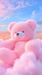 3D cute teddy bear fluffy pink rainbow clouds shape sunset colorful dreamy sky cloudscape adorable pet animal fashion healing wallpaper background with copy space