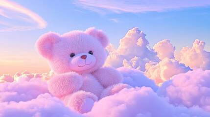 Fototapeta premium 3D cute teddy bear fluffy pink rainbow clouds shape sunset colorful dreamy sky cloudscape adorable pet animal fashion healing wallpaper background with copy space