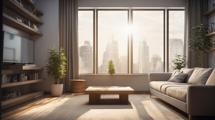 Fototapeta premium Modern Living Room with Large Windows and City Skyline View