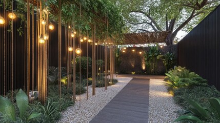 A modern, minimalist patio with a wooden walkway, gravel, and string lights.