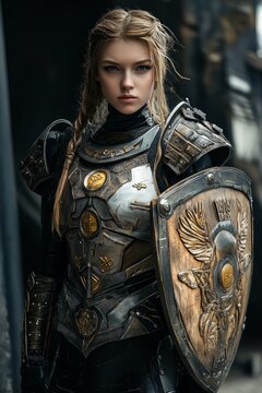 Futuristic norse shield maiden  a fusion of traditional viking armor and cybernetic enhancements