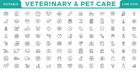 Veterinary and animals line icons collection. Pets line icons. Lovely animals icon pack. Animal editable stroke icon set