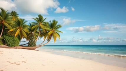 Fototapeta premium Christmas tree decorated with sparkling lights standing alone on a remote, untouched tropical beach, nature, Christmas tree