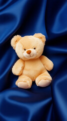 3D cute teddy bear fluffy velvet on navy blue flow silk adorable pet animal plush toy fashion healing shiny gift wallpaper background with copy space