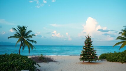 Obraz premium Christmas tree decorated with sparkling lights standing alone on a remote, untouched tropical beach, remote, nature, vacation