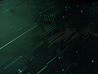 a minimalist high tech background showcasing a dark surface with intricate glowing green circuitry