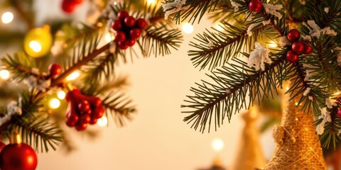 Close-up shot of a beautifully decorated Christmas tree with colorful ornaments and twinkling lights, festive, elegant