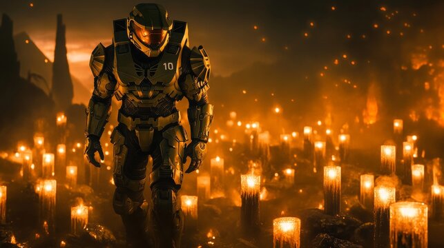 Master chief as a living dead in space ruins surrounded by fog and candles in day of the dead style