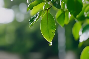 Raindrops enhance the beauty of green leaves