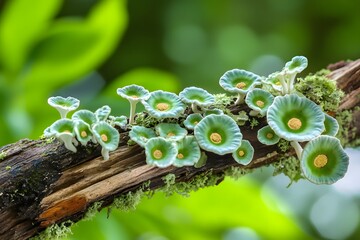 Explore the beauty of green mushrooms growing on wood
