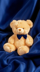 3D cute teddy bear fluffy velvet on navy blue flow silk adorable pet animal plush toy fashion healing shiny gift wallpaper background with copy space