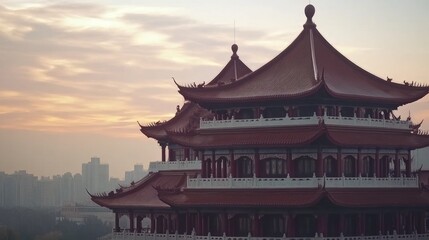 A traditional Asian pagoda with ornate roofs against a sunset backdrop and city skyline.