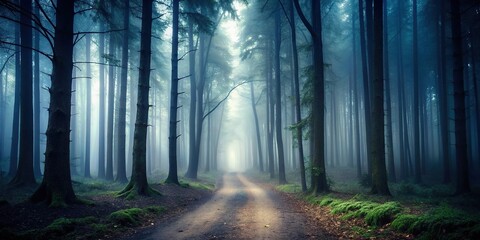 Obraz premium Dark, foggy forest with creepy mist and spooky atmosphere