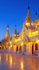 Fototapeta premium A beautifully illuminated temple complex at dusk, showcasing intricate architectural details.