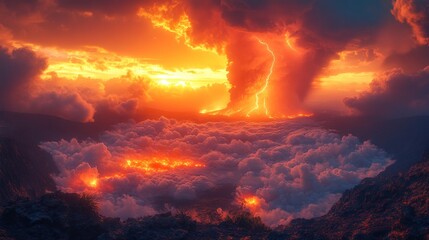 A dramatic volcanic eruption with lightning strikes during a fiery sunset.