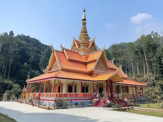 Naklejka premium A colorful temple surrounded by greenery, showcasing intricate architecture and cultural significance.