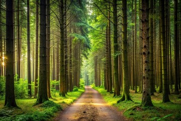Fototapeta premium Dense forest with towering trees and a narrow dirt path leading into the woods, nature background, forest