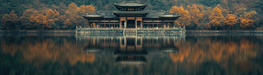 Fototapeta premium Serene traditional architecture reflected in a tranquil lake surrounded by autumn foliage.