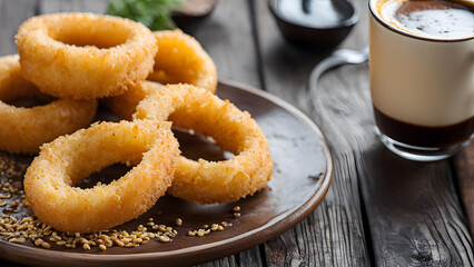 A plate of fried onion rings sits on a wooden table next to a cup of coffee