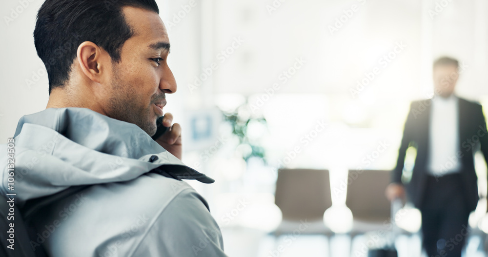 Aufkleber man, phone call and mobile with airport lounge for business travel, communication and flight schedul