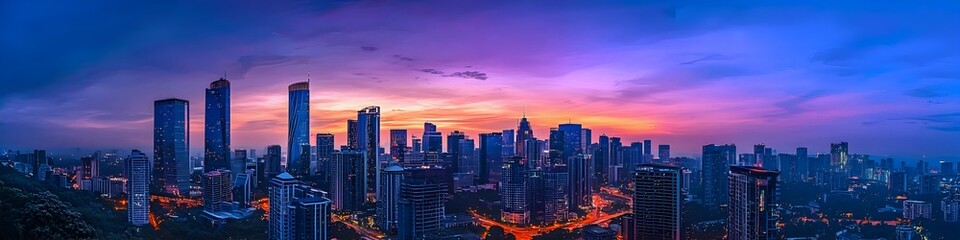 Obraz premium A city skyline with a beautiful sunset in the background