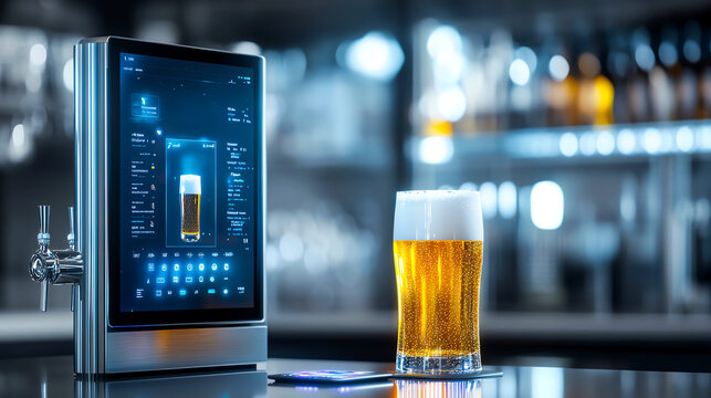 Glass of beer next to a digital menu screen in a modern bar setting.