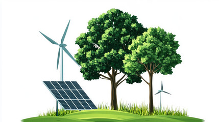 A vibrant illustration of renewable energy featuring wind turbines, solar panels, and lush trees on grassy terrain promoting sustainability.