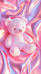 Fototapeta premium 3D cute teddy bear fluffy velvet on pink flow silk adorable pet animal plush toy fashion healing shiny gift wallpaper background with copy space