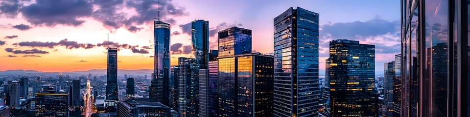 Fototapeta premium A city skyline with a sunset in the background