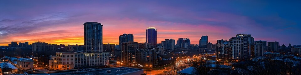 Naklejka premium A city skyline at sunset with a large building in the middle