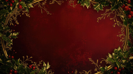 Festive Victorian style Christmas frame with oculus berries, greenery and gold accents on a bright red background.New Year vintage background for holiday cards, invitations and winter-themed designs