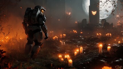 Master chief reimagined  a living dead icon amidst space ruins with day of the dead elements