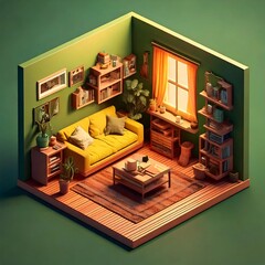 Cozy and Messy Olive Green Isometric Cube Room with Warm Decor and Cozy Vibes