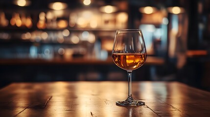Elegant glass of amber whiskey on a wooden table in a cozy bar setting.