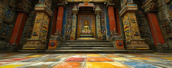 A vibrant temple interior featuring colorful artwork and a central Buddha statue.